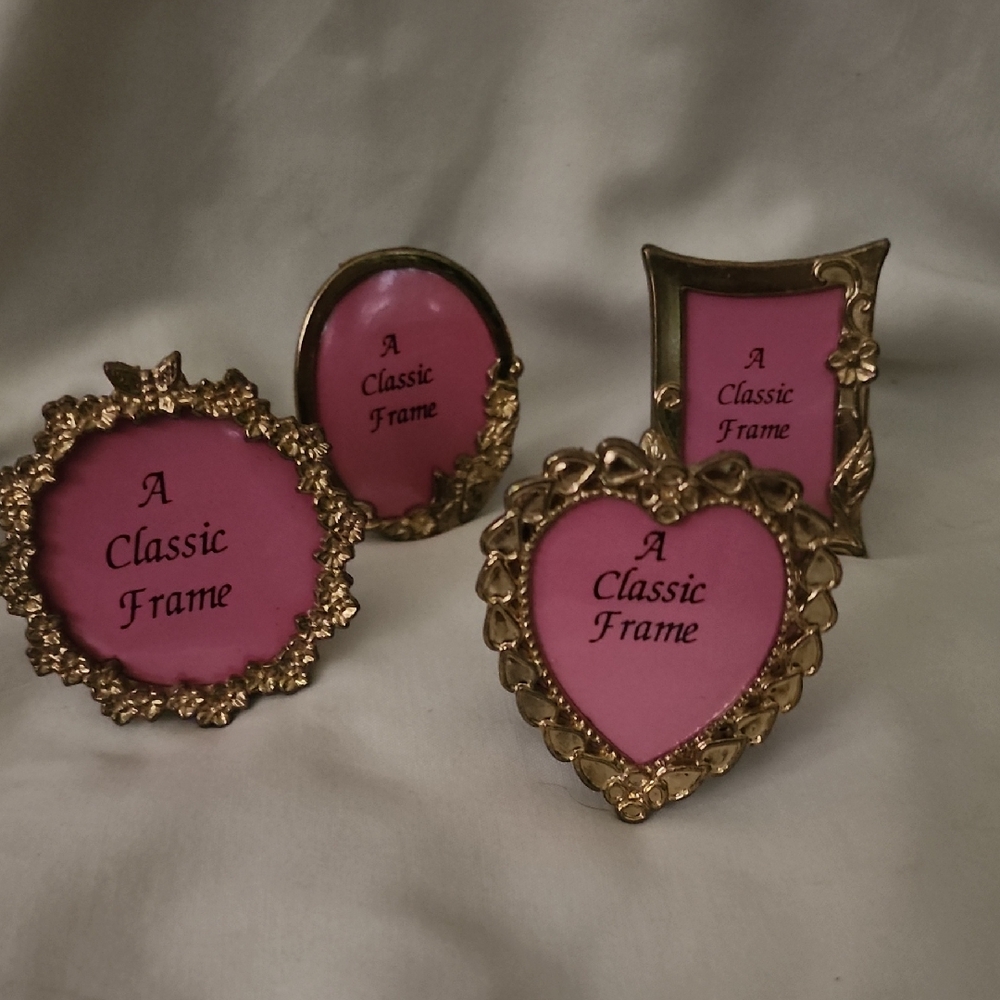 Set Of 4 Miniature Gold Metal Tabletop  Frames Oval Round Rectangle Heart